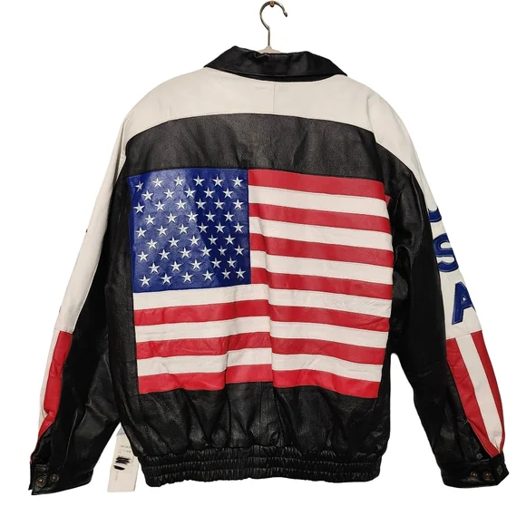 OSCAR PIEL Leather USA Flag Jacket Mens Large Black Red White Blue Stars Stripes - Picture 8 of 15